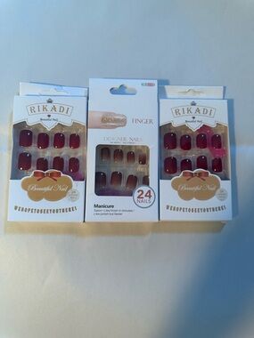 NIP 3 Sets of Rikadi False Nails, Burgundy,Short Length,DIY,Easy Apply,Glue On